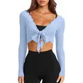 Detailed view of the light blue slim fit V-neck tie-front cropped long sleeve knit top - XS / Tops / Light Blue