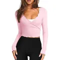 Elegante top corto rosa de manga larga con cuello en V ajustado para mujer con volantes. - XS / Tops / Rosa