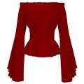 Elegante dieprode Renaissance top met blote schouders, klokmouwen en een gesmokte taille. - S / Rood