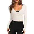 Top de punto crema ajustado con cuello en V, manga larga y detalle de dobladillo festoneado - XS / Beige