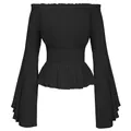 Elegant Renaissance-style black off-shoulder top with smocked waist and flared bell sleeves - Black / S