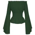 Donkergroene renaissance middeleeuwse blouse met blote schouders en uitlopende mouwen. - Groen / S