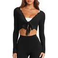 Elegante top corto negro para mujer con cuello en V y nudo frontal, de manga larga - XS / Negro