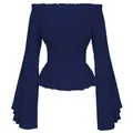 Detail of navy blue off-shoulder Renaissance blouse with smocked waist and flared sleeves. - Navy Blue / S