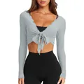 Elegante top corto de punto gris ajustado con cuello en V y nudo de manga larga - XS / Azul grisáceo