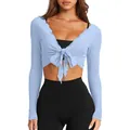 Top corto de manga larga en color azul claro con cuello en V y nudo frontal de moda - Azul claro / XS