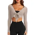 Women's slim fit V-neck knotted knit crop top long sleeve shirt in light taupe brown - Khaki
