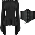 Black Renaissance medieval long sleeve top with lace-up corset belt set - Black With Belt / S