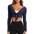 Navy blue slim fit v-neck tie-front knitted cropped long sleeve top for women - Navy Blue