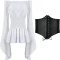 Renaissance medieval white off-shoulder blouse with black lace-up corset belt - S / White (With Belt)