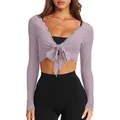 Elegant light purple slim fit V-neck long sleeve cropped knit top with stylish front tie knot - Light Purple