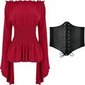 Red Renaissance long sleeve blouse paired with a black lace-up corset belt apparel - Red with Belt / S