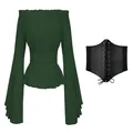 Medieval dark green off-shoulder long sleeve peplum blouse with black lace-up corset - Green With Belt / S