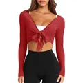 Elegant red slim fit V-neck tie-front cropped long sleeve knit cardigan for women - Red