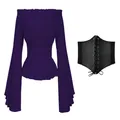 Purple Renaissance off-shoulder flared sleeve top with black lace-up corset belt. - Purple With Belt / S