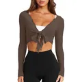 Fashionable women's slim fit V-neck tie-front cropped long sleeve knit top in brown - Coffee
