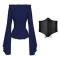 Dark blue Renaissance off-shoulder flared sleeve top with black corset belt set - Navy Blue + Belt / S