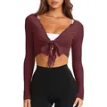 Burgundy slim fit V-neck tie-front knit cropped top with long sleeves for women - Burgundy