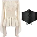 Renaissance medieval off-shoulder cream long sleeve top with black lace-up corset belt - Beige + Belt / S