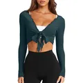 Elegant dark green slim fit V-neck tie-front long sleeve knit crop top for women - Malachite green