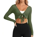 Stylish olive green slim fit V-neck front tie knit crop top with long sleeves. - Army Green