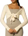 Cream white slim fit long sleeve knit shrug with front knot detail for women fashion - Apricot