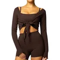 Brown slim fit V-neck knotted long sleeve knit top with matching high waist shorts - Reddish Brown