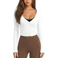 Slim fit white V-neck long sleeve knit top for women with elegant cropped design - White