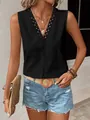 Women's elegant black sleeveless summer top featuring V-neckline with delicate lace trim - S / Black