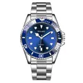 Blue dial men's quartz watch with stainless steel strap and diver bezel - Blue