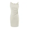 Elegant cream sleeveless ruched bodycon midi dress for summer office and daily wear - S / Off White