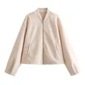 Premium soft beige women's round neck casual zip-up jacket in cozy fleece fabric - S / Apricot