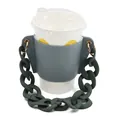 Elegant grey leather coffee cup sleeve featuring a thick matte green chain strap - Blue