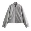 Minimalist grey soft texture casual women's jacket with full zip and stand collar - S / Light Gray
