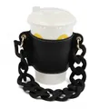 Close-up of stylish black leather coffee cup sleeve with chunky matte chain handle - Black