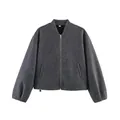 Elegant women's casual gray wool-like bomber jacket with round neck and zipper - S / Dark Gray