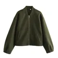 Women's casual olive green bomber jacket with soft texture and front zip - S / Olive Green