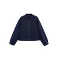 Women's navy blue zip-up casual bomber jacket featuring drop shoulder sleeves and soft texture - Navy Blue