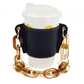 Detail view of black PU leather cup sleeve with detachable amber tortoise-shell chain. - Dark Blue