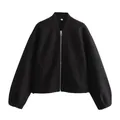 Minimalist black round neck casual zip-up jacket made of soft premium fabric for women - Black