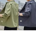 Men's long-sleeve durable work shirt jacket in army green and grey variant colors - Green + Gray
