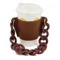 Brown leather coffee cup sleeve carrier with a thick detachable matte chain strap - Brown