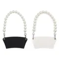 Elegant PU leather milk tea cup sleeve with detachable pearl chain handle in black and white - Black + Pearl Chain