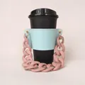 Portable light blue leather coffee cup sleeve with stylish pink matte chain handle - Blue with Pink Chain