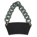 Elegant black leather coffee cup sleeve with a chunky matte green plastic chain handle - Black with Green Chain