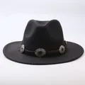 Detailed view of a vintage black felt fedora hat featuring a silver metal concho band - M (56-58cm) / Black