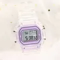 Close-up of transparent purple digital watch with square face on star lace background - Purple