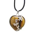 Heart-shaped tiger's eye natural stone pendant necklace featuring a silver rose decoration - Tiger's Eye