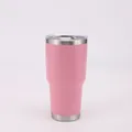 Detailed view of a 30oz pink powder-coated stainless steel tumbler with a transparent lid. - 30oz / Pink