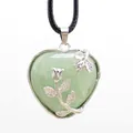 Light green natural stone heart pendant necklace featuring silver rose flower embellishment - Green Aventurine